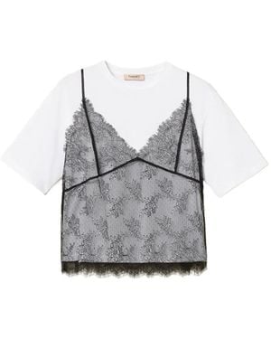 Twinset Crew Neck T-Shirt And Lace Top - Grey