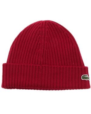 Lacoste Logo-Patch Ribbed-Knit Beanie - Red
