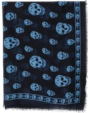 McQueen Skull-Print Frayed Scarf - Blue