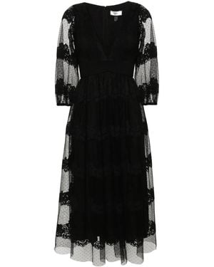 Nissa Floral-Lace Tiered Midi Dress - Black