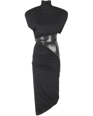 ANDAMANE Ruched Faux-Leather Panel Asymmetric Dress - Black
