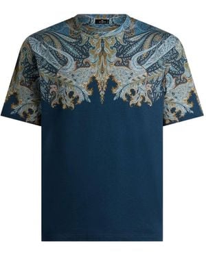 Etro Cotton-Jersey T-Shirt With Placed Paisley Pochette Print - Blue
