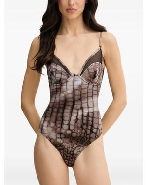 Elisabetta Franchi Crocodile-Effect Mesh-Panel Swimsuit - Black