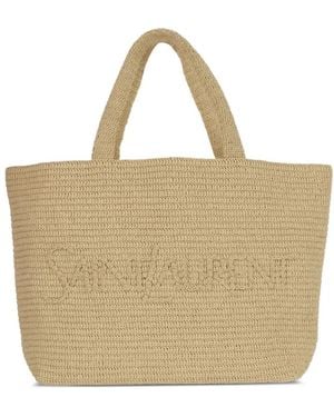 Saint Laurent Logo Raffia Tote Bag - Natural