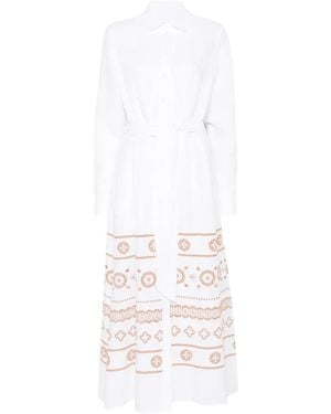 Eleventy Embroidered Belted Midi Shirt Dress - White