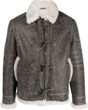 Thom Browne Shearling-Trim Cracked Leather Jacket - Grey