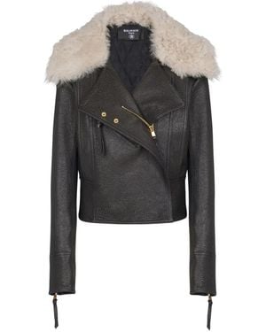 Balmain Shearling-Collar Lambskin Biker Jacket - Black