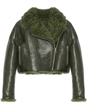 Yves Salomon Patent-Merino Cropped Biker Jacket - Green