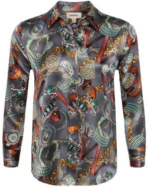 L'Agence Three-Quarter Sleeve Chain-Print Shirt - Grey