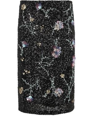 Des Phemmes Sequin-Embellished Floral-Embroidered Straight Midi Skirt - Black