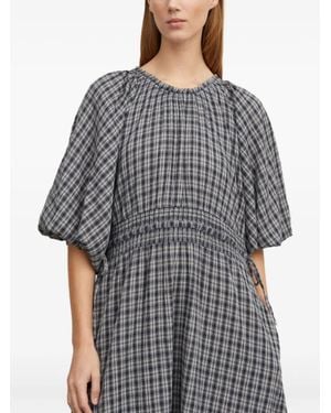 Skall Studio Checked Puff-Sleeve Midi Dress - Grey