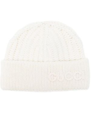 Gucci Logo-Embroidered Beanie Hat - White