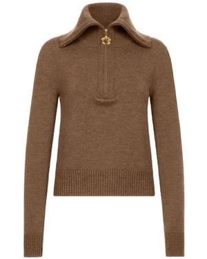 Oscar de la Renta Double-Collar Quarter-Zip Cropped Sweater - Brown