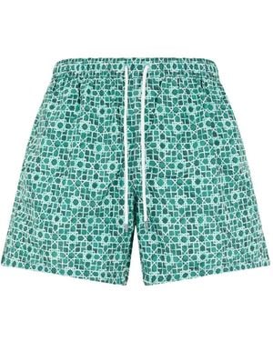 Fedeli Geometric-Print Drawstring Swim Shorts - Green