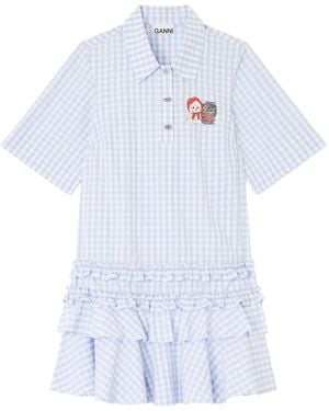 Ganni Gingham-Pattern Ruffled Mini Dress - Blue