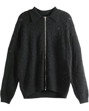 vowels Eyelet Heart-Motif Pointelle-Knit Jacket - Black
