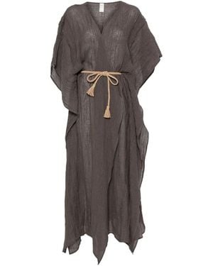 120% Lino Caftan Long À Taille Ceinturée - Multicolour