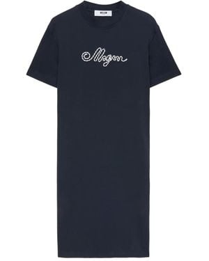 MSGM Logo-Embroidered Midi Dress - Blue