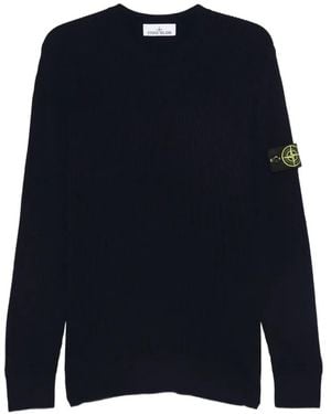 Stone Island 5100053 Full-Rib Rws-Wool Crewneck Sweater With Ribbed Trims - Blue