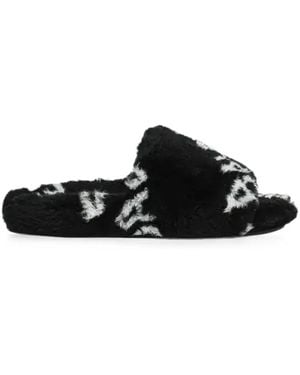 Balenciaga Logo-Print Faux-Fur Slides - Black