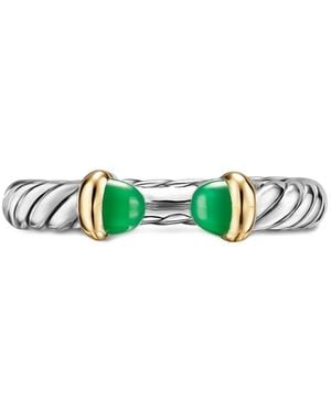 David Yurman Anillo Petite Cable En Plata De Ley Y Oro Amarillo De 14 Ct Con Ónix - Verde