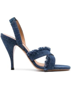 Off-White c/o Virgil Abloh Curvy Heel Denim Sandals With Crisscross Fringed Straps - Blue