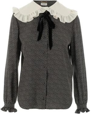 Saint Laurent Frilled Blouse In Dotted Silk Crepe De Chine - Black