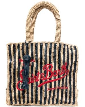 MC2 Saint Barth Colette Raffia Striped Bag With Embroidered Logo And Tassel - White