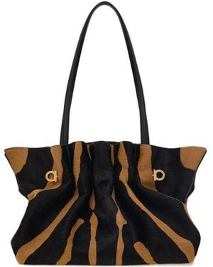 Ferragamo Medium Animal-Print Gancini-Pin Shoulder Bag - Black