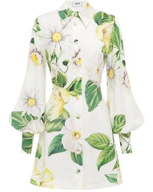 LEO LIN Balloon-Sleeve Floral-Print Mini Shirt Dress - Green