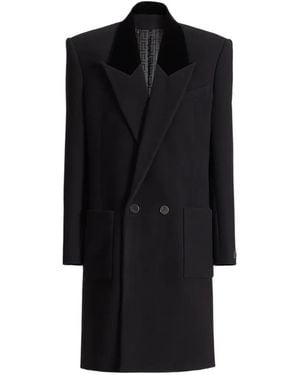 Balmain Long Wool And Velvet Coat - Black
