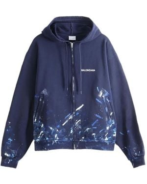 Balenciaga Paint-Splatter Logo-Print Hoodie - Blue