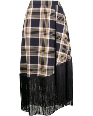 ROKH Fringed Checked Twill Midi Skirt - Blue