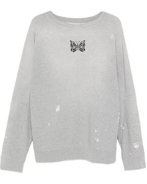 Needles Butterfly-Patch Distressed Sweater - Gray