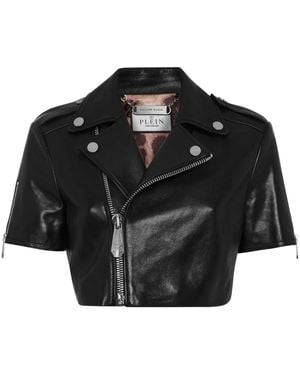 Philipp Plein Leather Cropped Biker Short Sleeve Jacket - Black