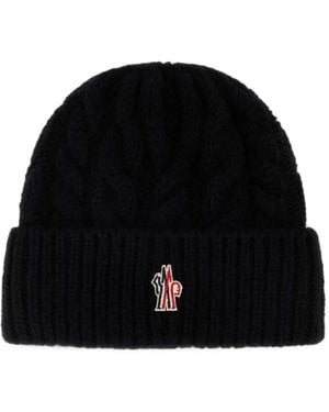 Moncler Cable-Knit Logo-Patch Beanie Hat - Black