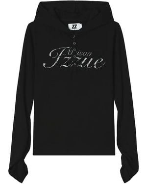 Izzue Logo-Print Button-Up Hoodie - Black