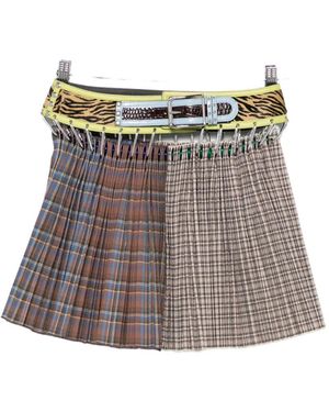 Chopova Lowena Belted Plaid Mini Skirt - Brown