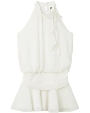 B+ AB Ruffled Shirred-Waist Mini Dress - White