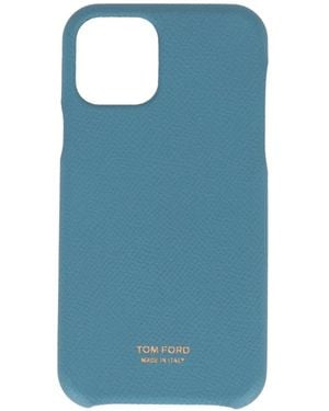 Tom Ford Logo-Print Grained-Leather Phone Case - Blue