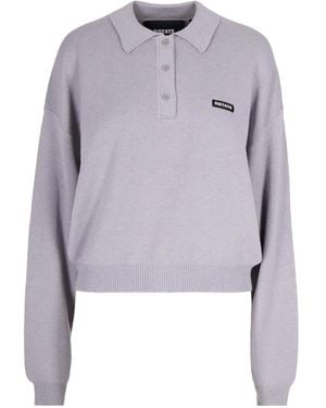 ROTATE BIRGER CHRISTENSEN Slinky Knit Buttoned Polo Top - Grey