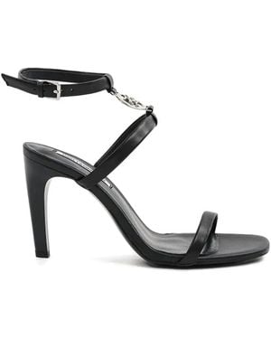 KARL LAGERFELD Logo-Plaque Leather Heeled Sandals - Black