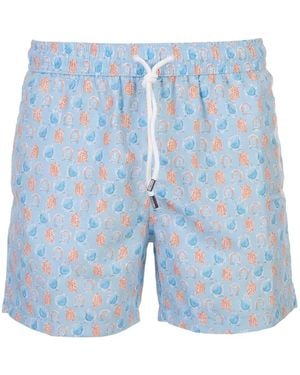 Fedeli Print-Detail Drawstring Swim Shorts - Blue
