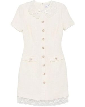 Self-Portrait Lace-Trimmed Bouclé Mini Dress - White