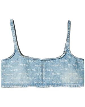 Miu Miu Logo-Print Denim Crop Top - Blue