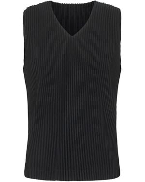 Homme Plissé Issey Miyake Pleated V-Neck Sleeveless Tank Top - Black