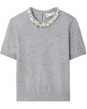 Tory Burch Sequin-Embellished Short-Sleeve Top - Gray