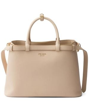 Prada Medium Buckle Leather Tote Bag - Natural