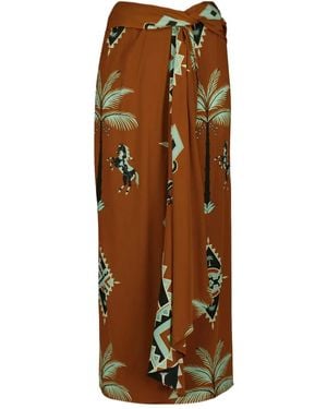 Johanna Ortiz Jupe Mi-Longue Drapée À Imprimé Palmiers Et Chevaux - Marron