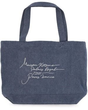 Maison Kitsuné Logo Denim Tote Bag - Blue